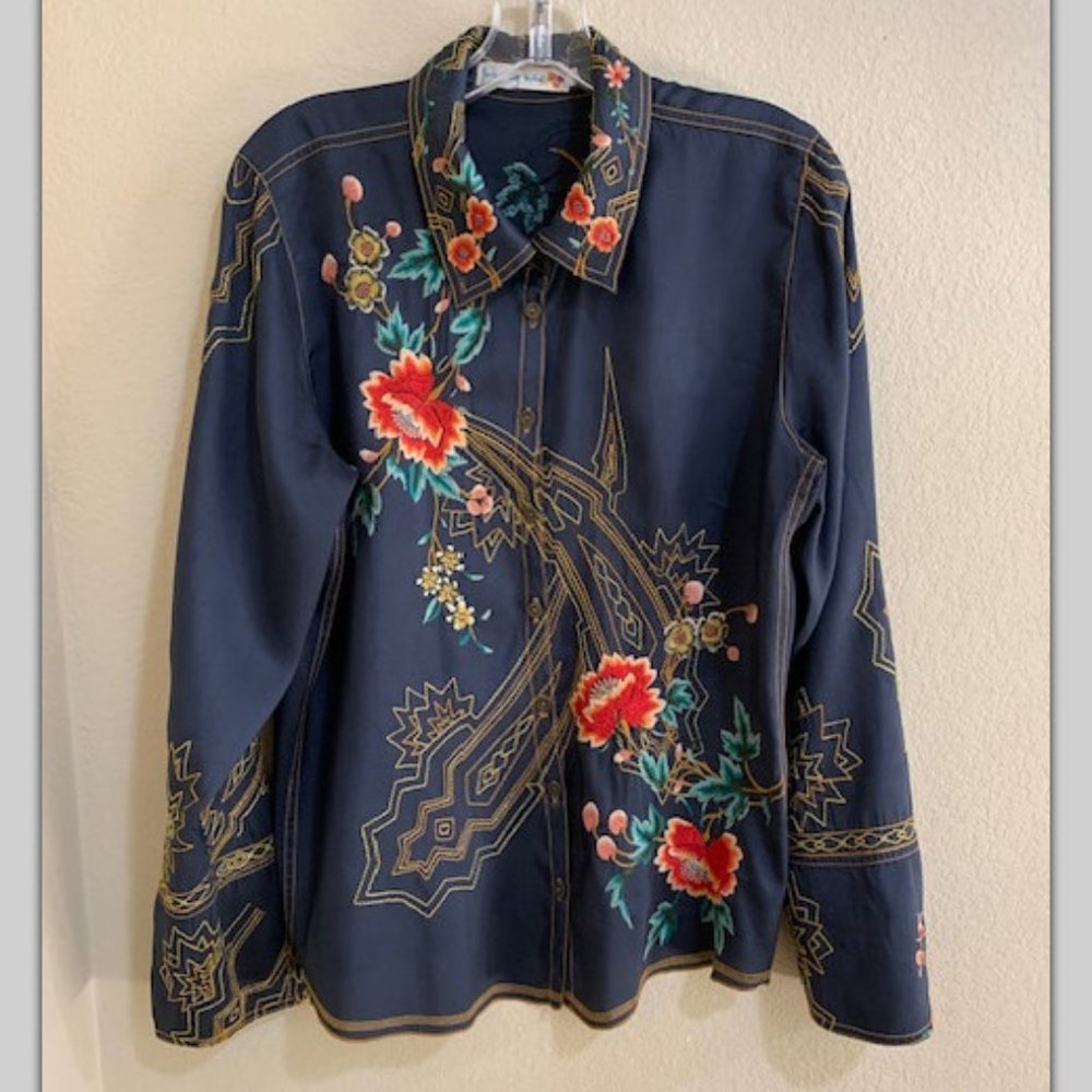 100% Silk Johnny Was Navy Floral Embroidered Blouse